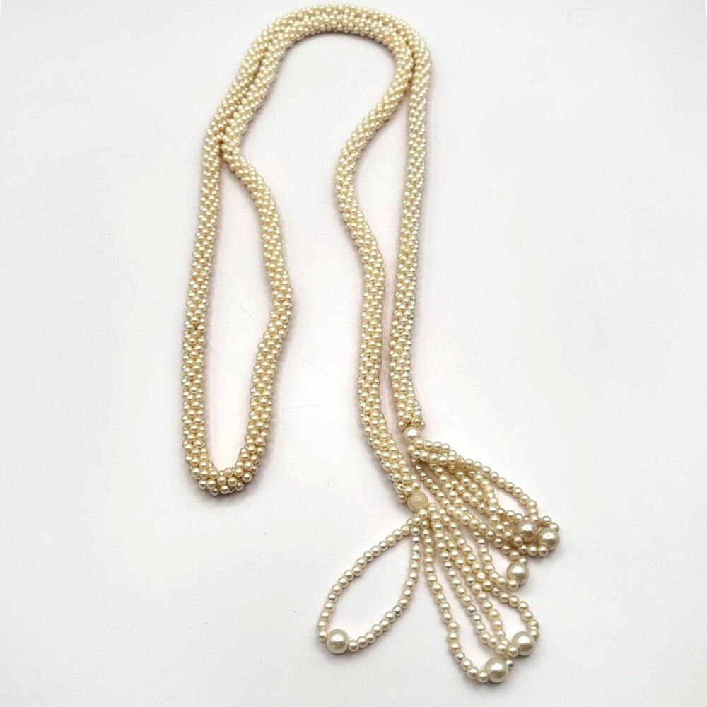 Vintage 90s Faux Pearl Lariat Necklace Woven Seed Beaded Women's Classic Jewelry